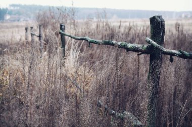 Ot yolunun yanında perspektifli el yapımı ahşap çit. Güzel dramatik manzara. Boşluğu kopyala