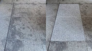Öncesi ve sonrası, dış granit zeminin temizlenmesi ve lekelenmesi.