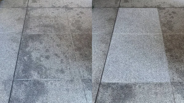 前と後に 外部花崗岩の床の洗浄と汚れ除去 — ストック写真