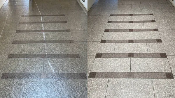 Before and after, cleaning and stain removal of an internal granite floor