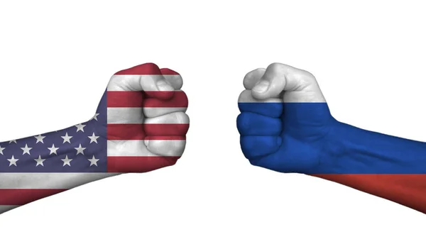 アメリカ対ロシア 白い背景に ウクライナの領土のための米国とロシアの間の新しい冷戦 — ストック写真