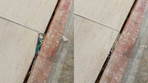 베이지 대리석 바닥의 부서진 모서리를 수리하라 — 스톡 사진