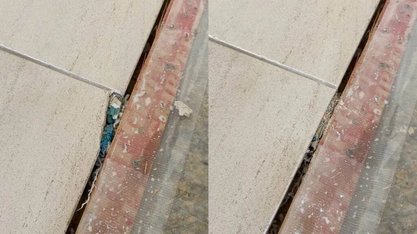 Antes Después Reparar Una Esquina Rota Suelo Mármol Beige —  Fotos de Stock