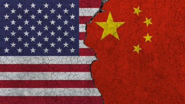 USA vs versus China, two flags separated by a break, ruined wall on background