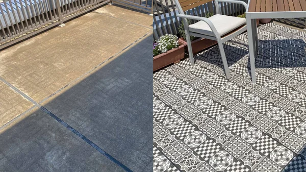 Före Och Efter Renovering Ett Terrassgolv Med Vacker Vit Keramik — Stockfoto