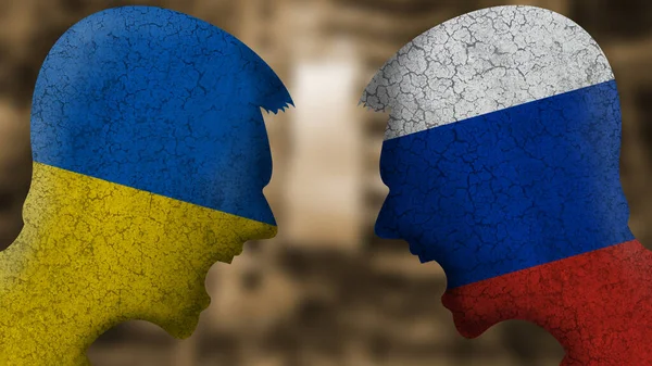 ロシア対ウクライナ 国の旗で二つの怒りの顔 ウクライナでの戦争の概念的なイメージ — ストック写真
