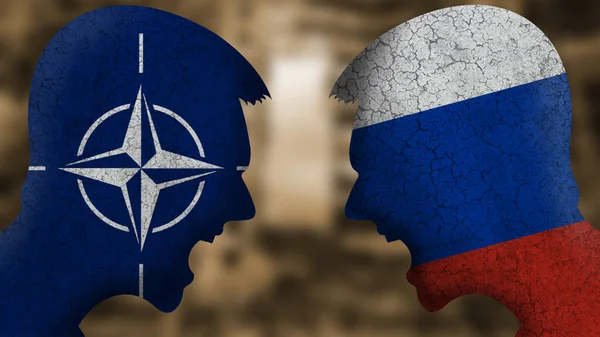 ロシア対ナト 国の旗で二つの怒りの顔 ウクライナでの戦争の概念的なイメージ — ストック写真