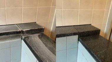Cilalanmış siyah granit yüzeyden efloresans çıkarılıyor