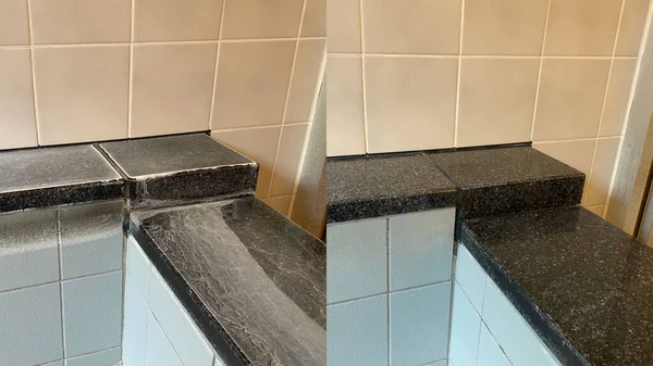 Efflorescence removal from a polished black granite surface