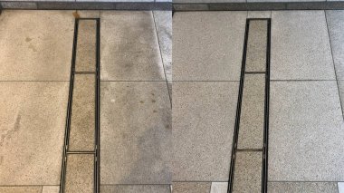 Öncesi ve sonrası, eski doğal bej granit zemini temizliyor.