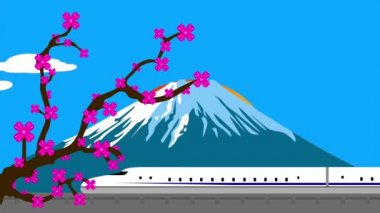 Fuji Dağı 'nın hareketli çizimi. Güneşin doğduğu ve trenin hızla geçtiği yer. Solda çiçek açmış bir kiraz ağacı.