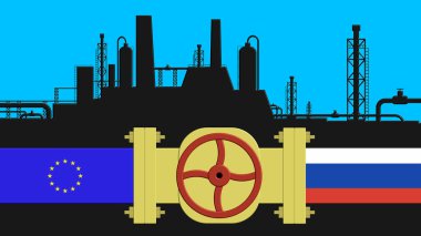 Gaz krizi. Rusya 'dan Avrupa' ya gaz tedarik sorunu. Boru hattı durdu. Devletin bayraklarıyla gaz boru hatlarının çizimi