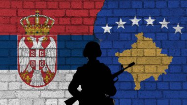 Serbia vs Republic of Kosovo, flags on a wall with break in the background and military silouette. Concept of military conflict