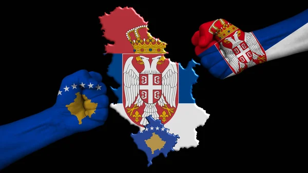 Serbia Republic Kosovo Two Fists National Flags Military Conflict Middle — Zdjęcie stockowe