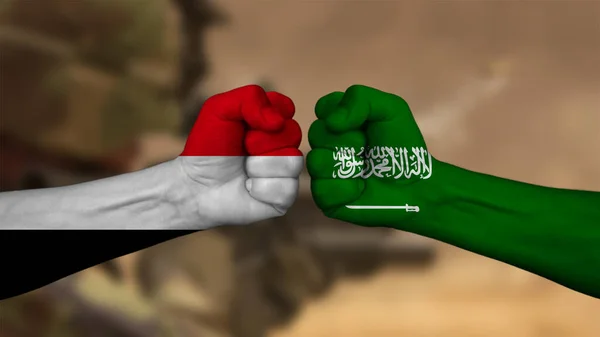 Saudi Arabia Yemen Two Fists National Flags Military Conflict Background —  Fotos de Stock
