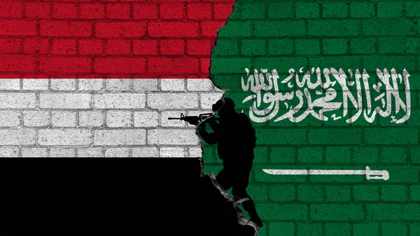 Saudi Arabia Yemen Flags Countries Brick Wall Silhouettes Military — Foto Stock