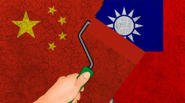 China vs Taiwan. The People's Republic of China wants to remove Taiwan from the maps. Illustration concept of military and political conflict.