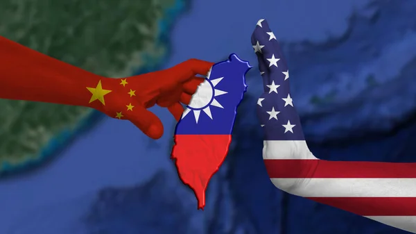 China vs Taiwan. The People\'s Republic of China wants to attack Taiwan and the United States of America tries to stop the aggression. In the background, the world map out of focus.