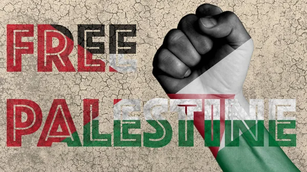Free Palestine Raised Fist Flag Calls Freedom Palestinian People — Zdjęcie stockowe