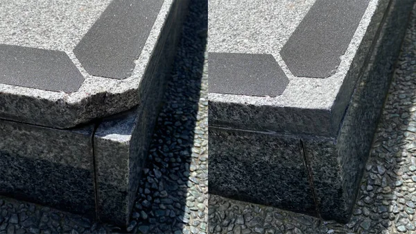 Before and after, repair of a corner of a black granite staircase