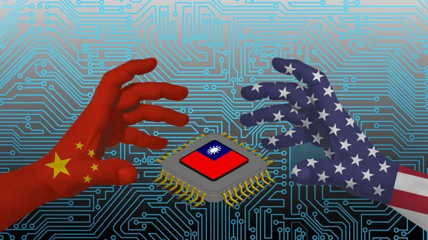 China and the US try to take Taiwan\'s semiconductors, the real reason for the war. In the background a stylized electric board
