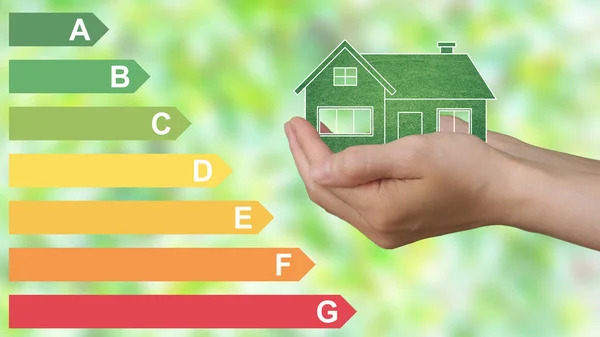 A woman\'s hands hold an eco green house, On the left energy efficiency graph. Blurry green leaves in the background