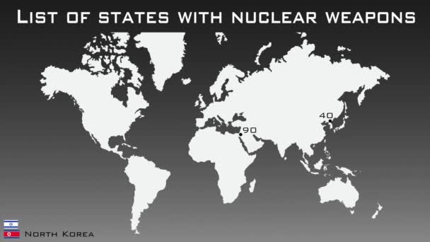 Wykaz Państw Posiadających Broń Jądrową Animacja Mapy Świata Flagami Państw — Wideo stockowe