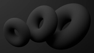 Siyah daire şekilleri, siyah arkaplan. Soyut monokrom illüstrasyonu, 3 boyutlu canlandırma.