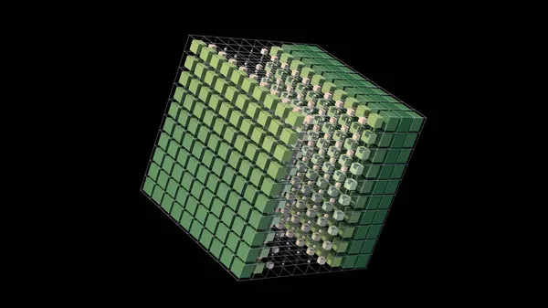Cubos Verdes Transformar Fundo Negro Conceito Tecnologia Ilustração Abstrata Renderização — Fotografia de Stock