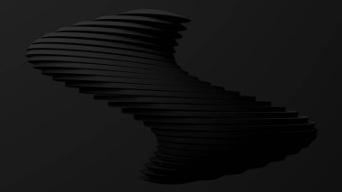 Siyah dilimlenmiş şekil, siyah arkaplan. Soyut monokrom illüstrasyonu, 3 boyutlu canlandırma.