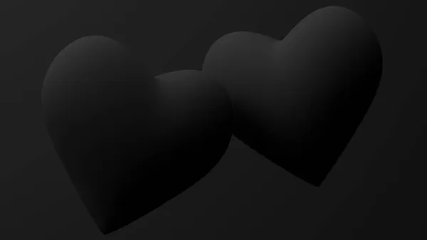 Two Black Heart Shapes Black Background Abstract Monochrome Illustration Render — Stock Photo, Image