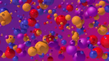 Bir grup parlak renkli top. Soyut canlandırma, 3 boyutlu canlandırma, yakın plan.