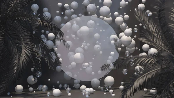 Graues Zimmer Glaskreisform Und Weiße Kugeln Abstrakte Illustration Darstellung Stockbild