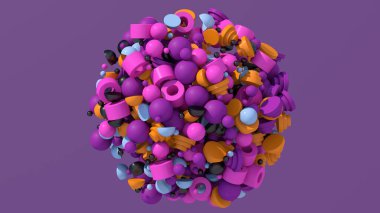 Parlak renkli topları, tüpleri, yarıküresi olan bir küre. Soyut illüstrasyon, 3d canlandırma.