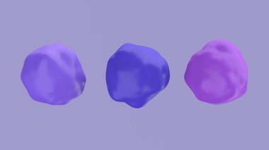 Üç mavi ve mor deforme olmuş küre. Soyut illüstrasyon, 3d canlandırma.