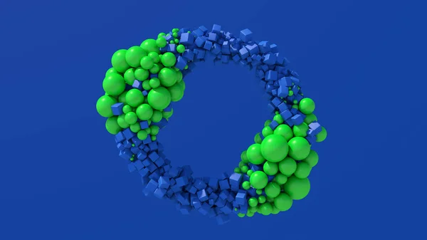 Abstrakte Kreisform Blaue Würfel Und Grüne Kugeln Blauer Hintergrund Darstellung Stockbild