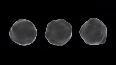 Üç deforme küre. Siyah arka plan, beyaz ızgara. Soyut canlandırma, 3 boyutlu canlandırma.