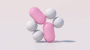 Beyaz ve pembe cam şekilli bir grup. Soyut illüstrasyon, 3d canlandırma.
