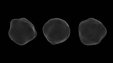 Üç deforme küre. Siyah arka plan, beyaz ızgara. Soyut illüstrasyon, 3d canlandırma.