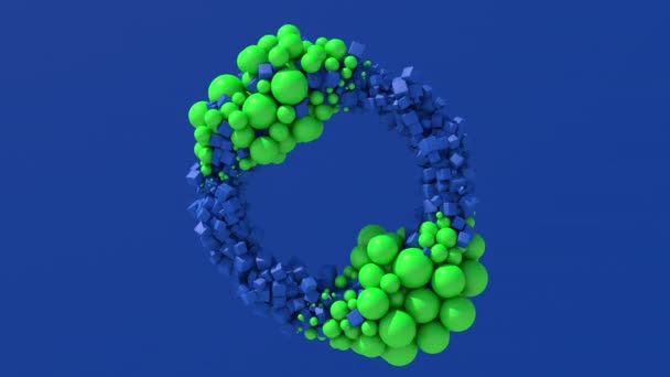 Абстрактная Форма Круга Голубые Кубики Зеленые Шарики Синий Фон Рендеринг — стоковое видео