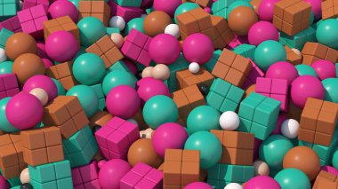 Bir grup pembe, kahverengi, yeşil top ve küp. Soyut illüstrasyon, 3d canlandırma.