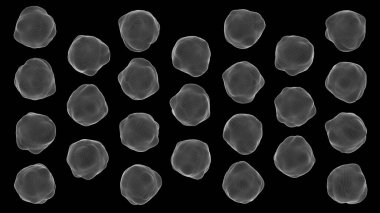 Deforme olmuş küreler deseni. Siyah arka plan, beyaz ızgara. Soyut illüstrasyon, 3d canlandırma.