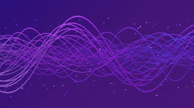 Mavi ve mor parçacıklar ve dalgalı çizgiler. Soyut illüstrasyon, 3d canlandırma.