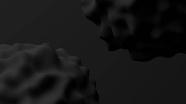 İki siyah deforme olmuş küre, siyah arkaplan. Soyut monokrom illüstrasyonu, 3 boyutlu canlandırma.