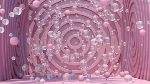 Růžová Místnost Skleněné Koule Létají Abstraktní Ilustrace Vykreslení — Stock fotografie