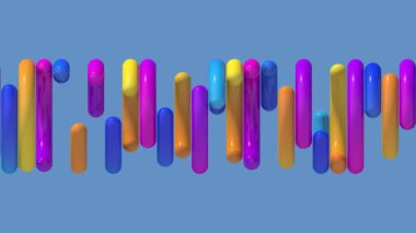 Üst üste parlak renkli daireler. Mavi arka plan. Soyut canlandırma, 3 boyutlu canlandırma.