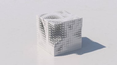 Bir grup deforme olmuş küp. Beyaz desenli arka plan. Soyut illüstrasyon, 3d canlandırma.
