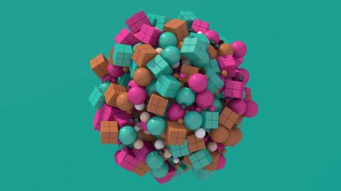 Pembe, kahverengi, yeşil topları ve küpleri olan küre. Soyut illüstrasyon, 3d canlandırma.