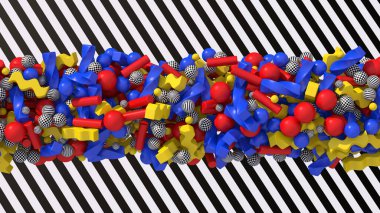 Parlak renkli geometrik şekiller. Siyah beyaz arka plan. Soyut illüstrasyon, 3d canlandırma.