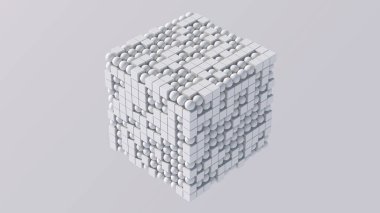 Bir grup beyaz küp ve top. Soyut illüstrasyon, 3d canlandırma.